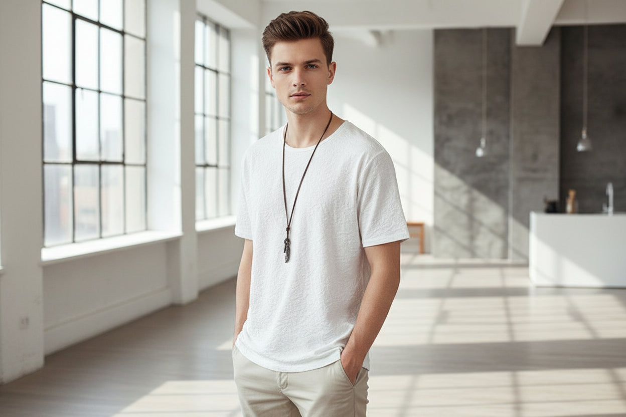White t-shirt on a hanger against a textured gray wall