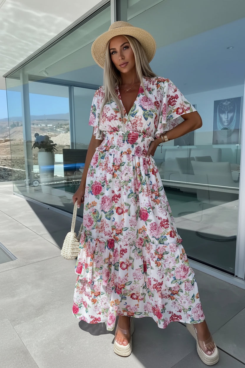Floral Print Maxi Dress with Flutter Sleeves for Summer Events