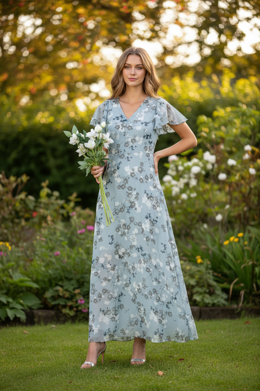 Floral V-Neck Maxi Dress with Flutter Sleeves for Summer Events