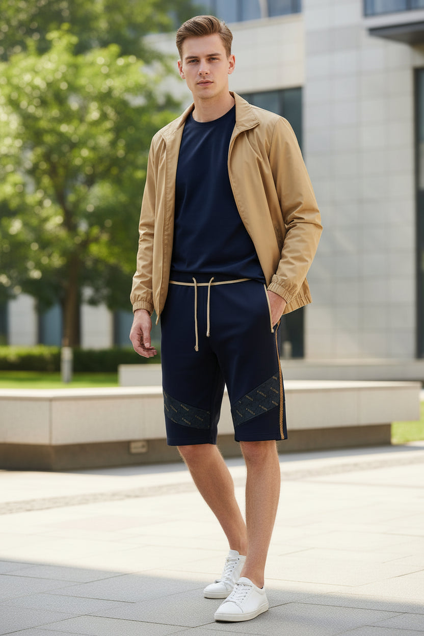 Navy blue shorts with gold trim and text pattern outside